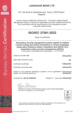 Le certificat officiel ISO 27001:2022 délivré à Language Bear par Bureau Veritas, accrédité UKAS.