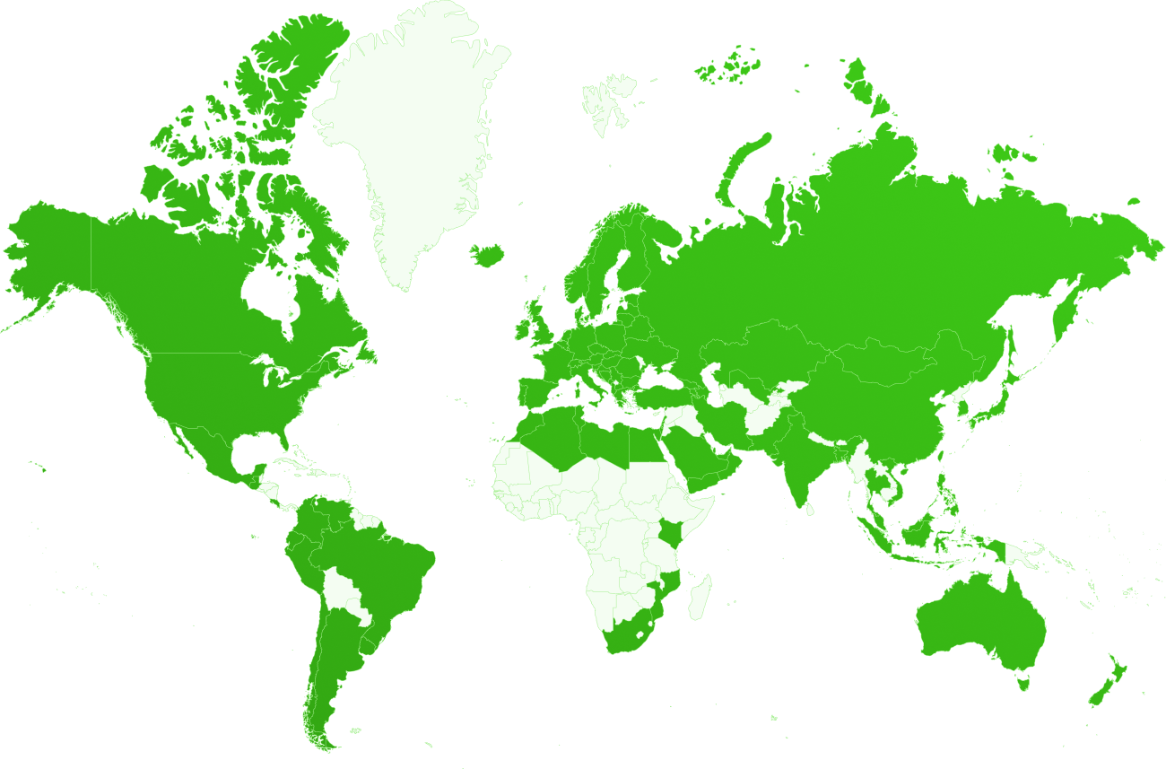 Weltkarte mit den Ländern und Regionen, für die Language Bear Sprachdienstleistungen anbietet.
