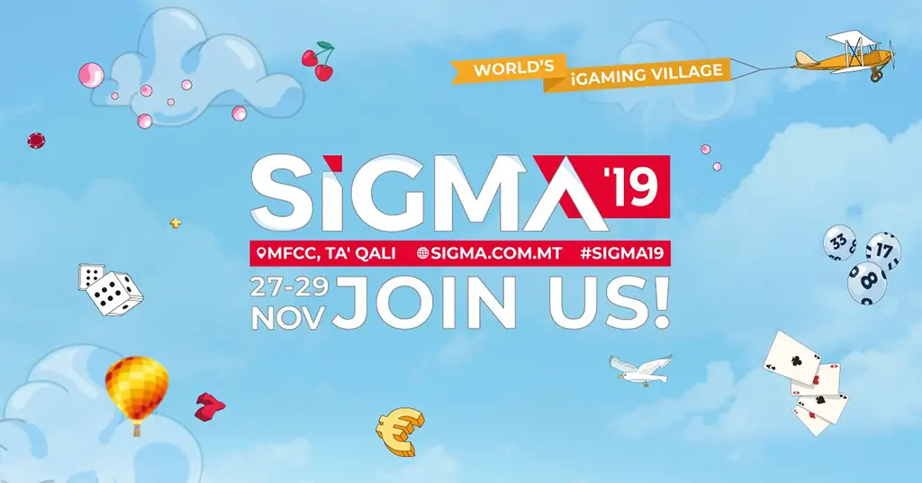 SiGMA 2019 iGaming event banner: MFCC, Ta' Qali, Malta, 27–29 November, with dice, cards, and casino illustrations.