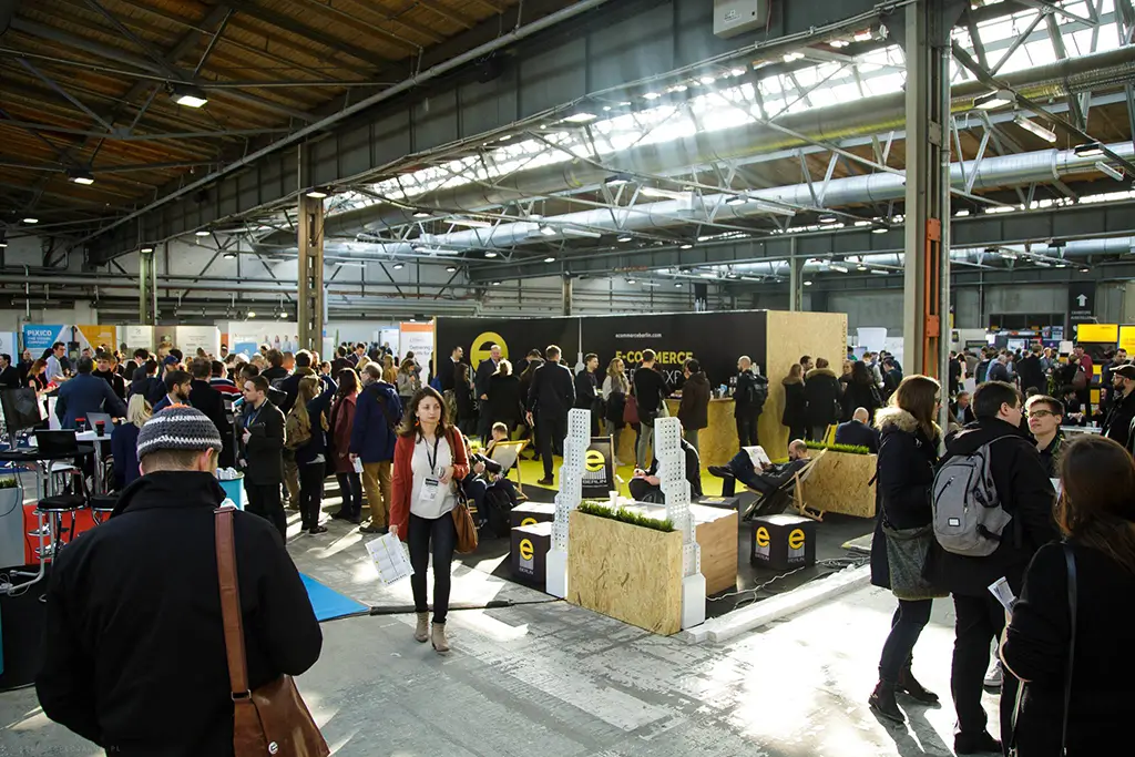 Attendees and exhibitors at the E-Commerce Berlin Expo 2018, held at Station Berlin in Germany.