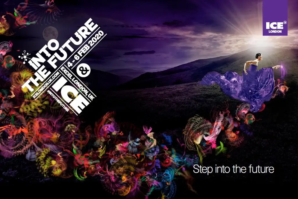 ICE London 2020 event banner: "Into the Future," ExCeL London, 4–6 February, with a stylised digital figure.