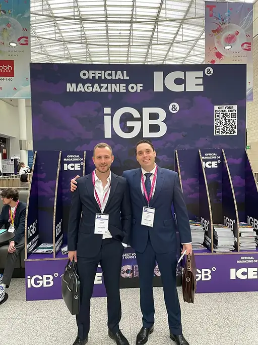 Two Language Bear team members attending the ICE London 2022 iGaming trade show in London.